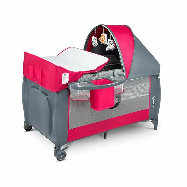 Lionelo - Patut pliant cu doua nivele Sven Plus, 120x60 cm, arcada jucarii, masuta de infasat, vibratii, melodii, Pink Rose BYNLO-SVEN_PLUS_PINK_ROSE