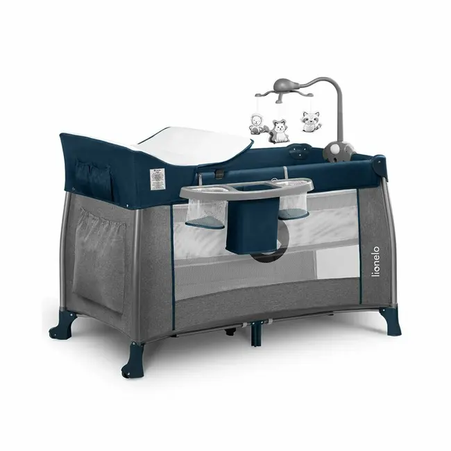 Lionelo - Patut pliant cu doua nivele Thomi Cu carusel, Cu masuta de infasat din Metal, Poliester, 120x60 cm, Albastru BYNLO-THOMI_BLUE_NAVY