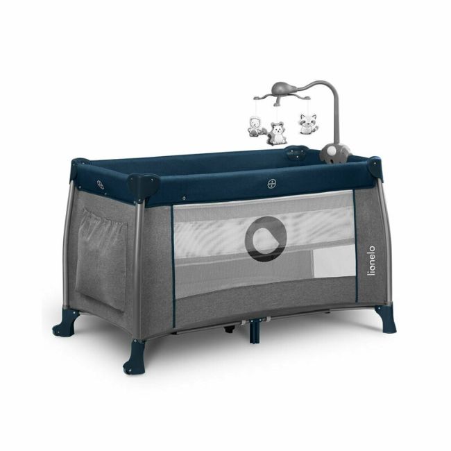 Lionelo - Patut pliant cu doua nivele Thomi Cu carusel, Cu masuta de infasat din Metal, Poliester, 120x60 cm, Albastru BYNLO-THOMI_BLUE_NAVY