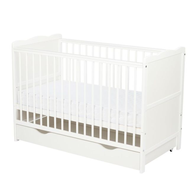 Qmini - Patut din lemn Julia 120x60 cm, multifunctional, cu sertar, Alb + Saltea 10 cm BYNQM_JUL10CM02AL