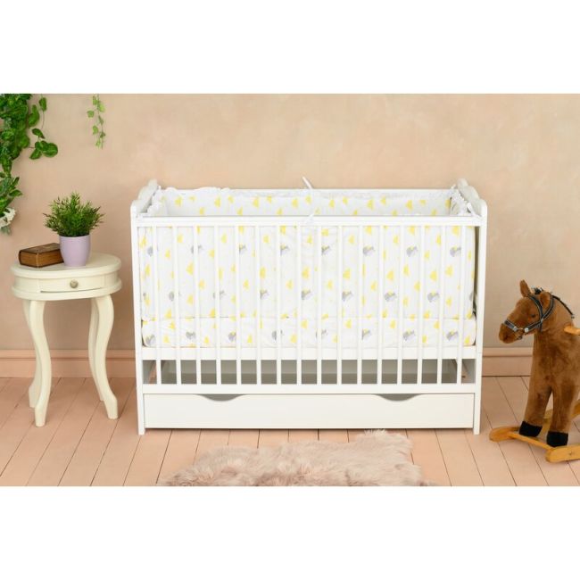 Qmini - Patut din lemn Julia 120x60 cm, multifunctional, cu sertar, Alb + Saltea 10 cm BYNQM_JUL10CM02AL