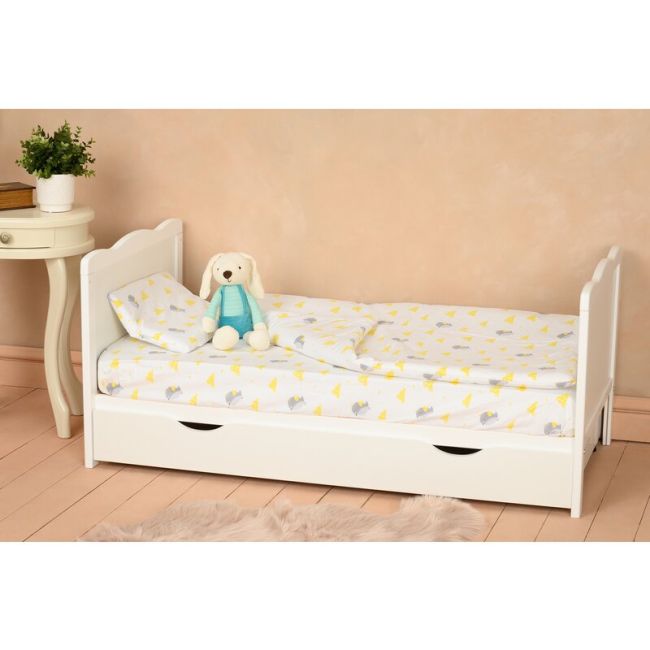 Qmini - Patut din lemn Julia 120x60 cm, multifunctional, cu sertar, Alb + Saltea 10 cm BYNQM_JUL10CM02AL