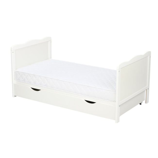 Qmini - Patut din lemn Julia 120x60 cm, multifunctional, cu sertar, Alb + Saltea 10 cm BYNQM_JUL10CM02AL