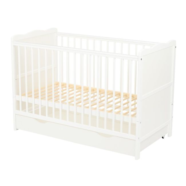 Qmini - Patut din lemn Julia 120x60 cm, multifunctional, cu sertar, Alb + Saltea 10 cm BYNQM_JUL10CM02AL