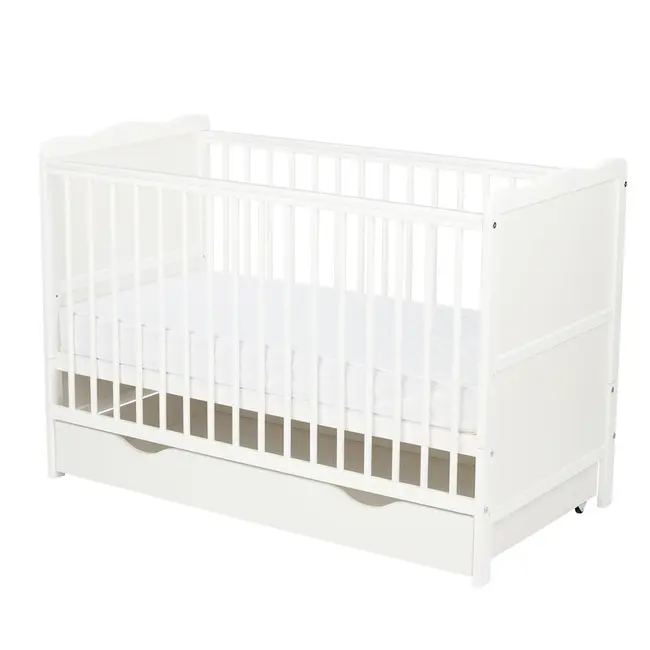 Qmini - Patut din lemn Julia 120x60 cm, multifunctional, cu sertar, Alb + Saltea 12 cm BYNQM_JUL12CM02AL