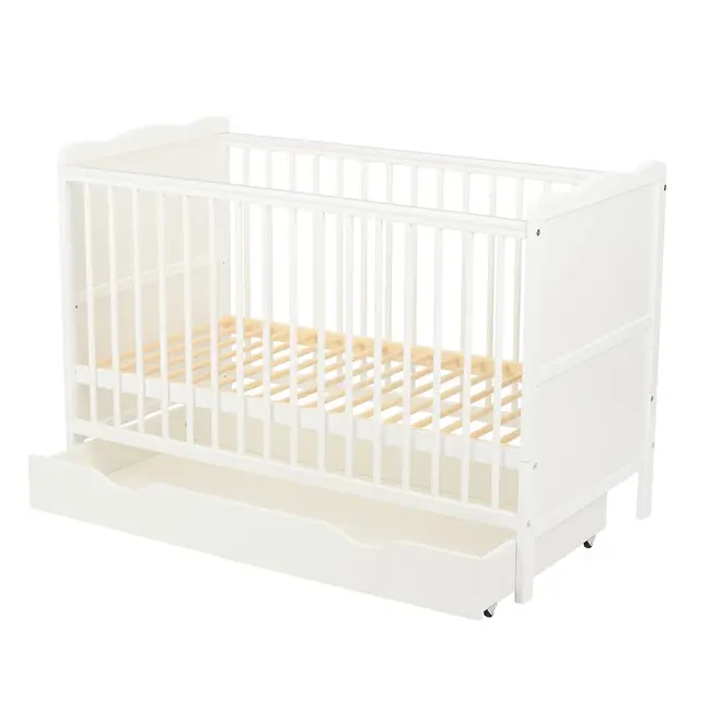 Qmini - Patut din lemn Julia 120x60 cm, multifunctional, cu sertar, Alb + Saltea 12 cm BYNQM_JUL12CM02AL