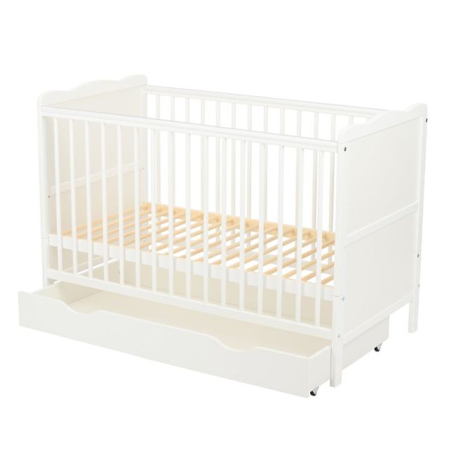 Qmini - Patut din lemn Julia 120x60 cm, multifunctional, cu sertar, Alb + Saltea 8 cm BYNQM_JUL8CM02AL