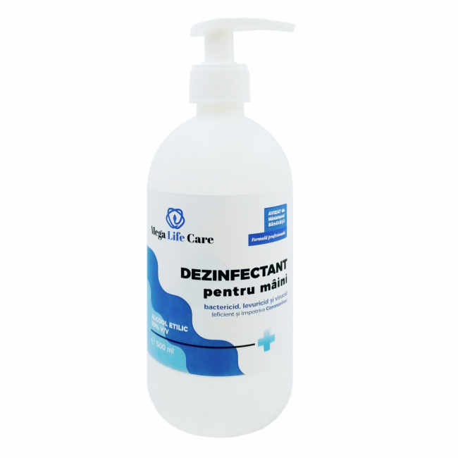 Dezinfectant pentru maini cu pompita Mega Life Care, 500 ml, bactericid, levuricid, virucid, eficient si impotriva Coronavirus - 4AKMLCDM500PMP