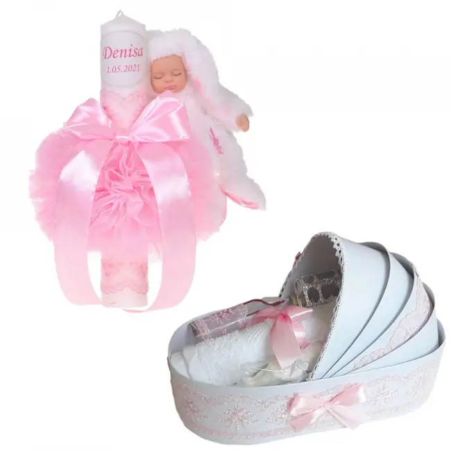 Pachet Lumanare botez personalizata si trusou botez in landou decor Roz Fetite Denikos&reg; 797 NKO5226