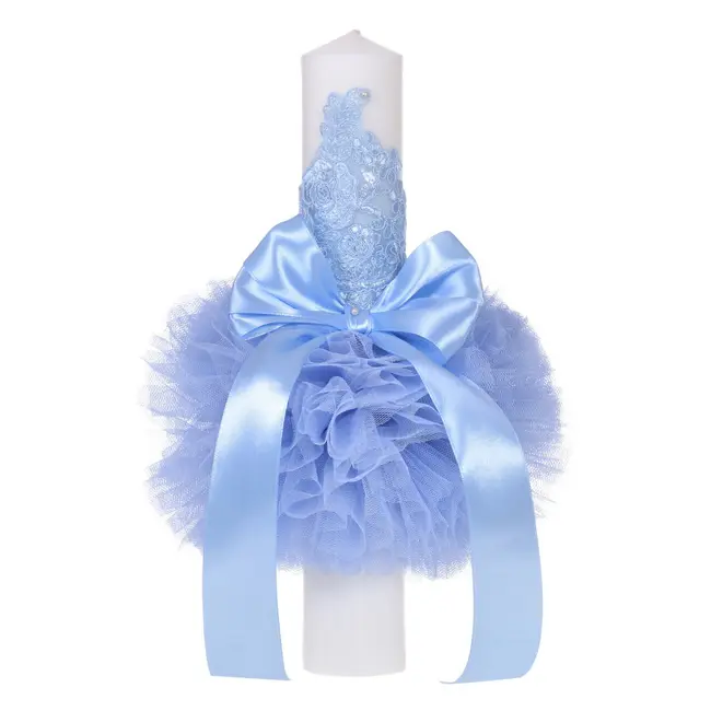 Lumanare botez pentru baietel eleganta cu tul dantela si fundita decor bleu Denikos&reg; 709 NKO5138