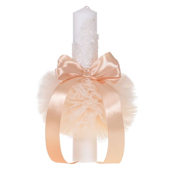 Lumanare botez unisex eleganta cu tul dantela si fundita decor crem / ivoire Denikos® 711 NKO5140