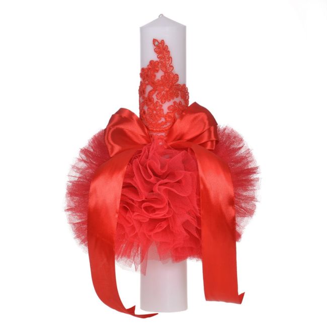 Lumanare botez eleganta cu tul pentru fetita dantela si fundita decor rosu Denikos® 705 NKO5134