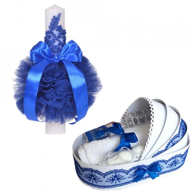Set Lumanare botez glob cu dantela si trusou botez in landou decor Albastru Baieti Denikos® 750 -  NKO5179