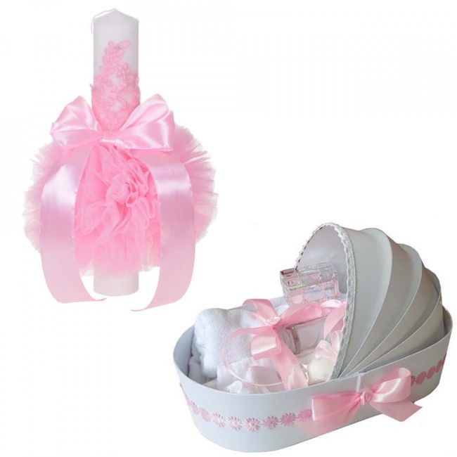 Pachet Lumanare botez glob cu dantela si trusou botez in landou fetite cu decor Roz floricele Denikos® 749 - NKO5178