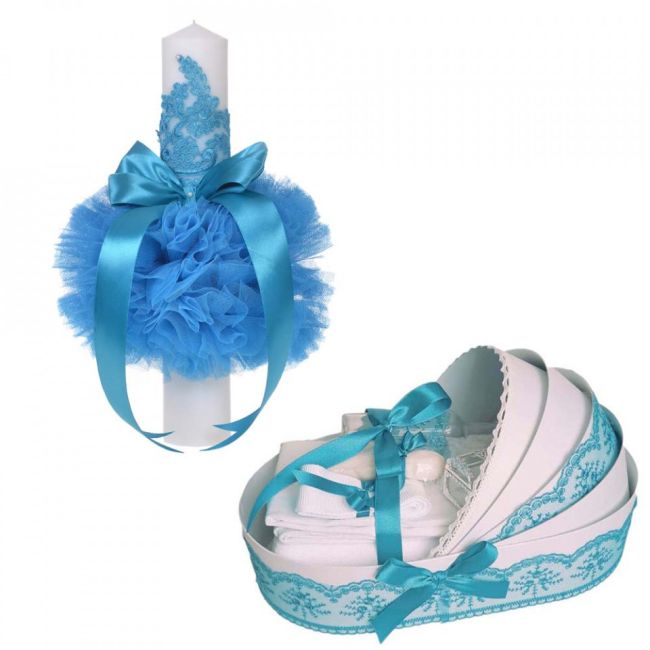 Pachet Trusou botez si lumanare botez in landou cu decor Turcoaz Baieti Denikos® 757 - NKO5186