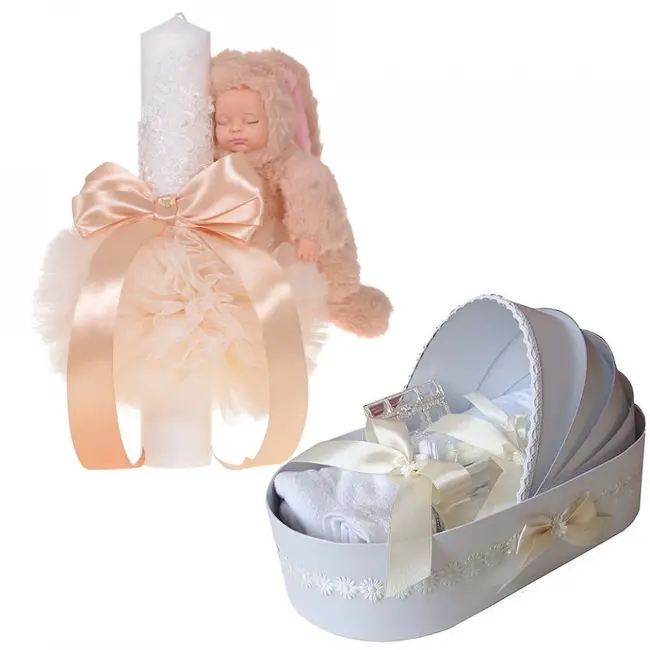 Set Trusou de botez landou cu Lumanare botez pentru unisex Denikos 768 decor Ivoire cu floricele - NKO5197