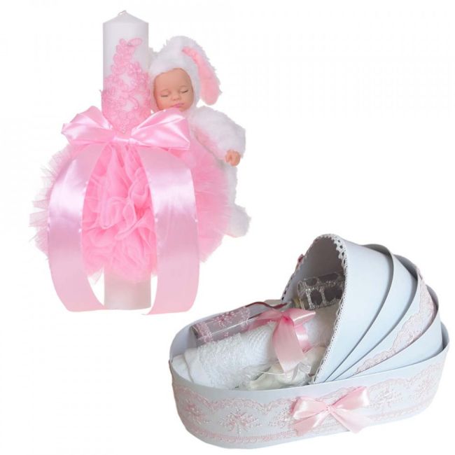 Pachet Lumanare botez si trusou botez in landou cu iepuras pentru Fetite Denikos 770 - NKO5199