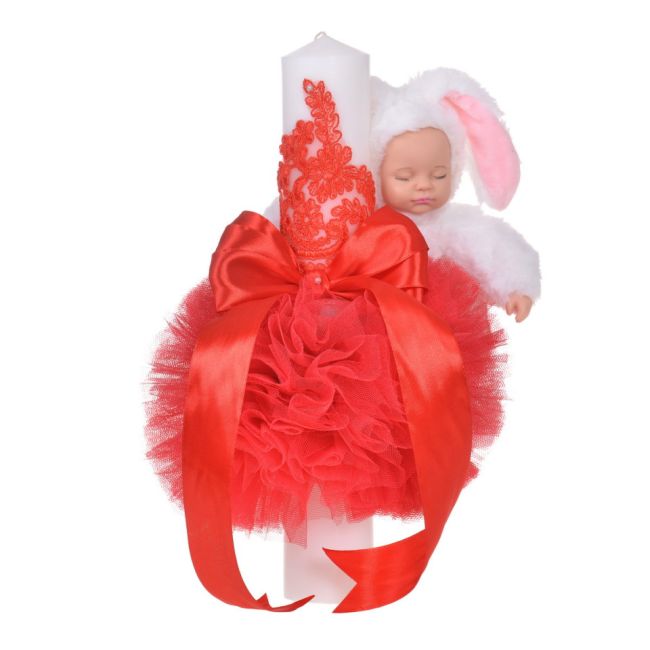 Lumanare botez jucarie iepuras pufos si dantela cu decor rosu pentru fete Denikos® 715 NKO5144