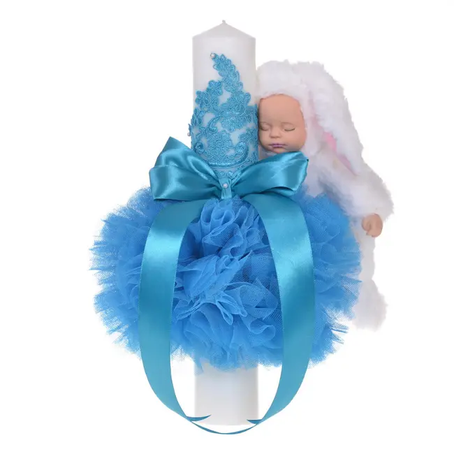 Lumanare botez jucarie iepuras pufos si dantela Baieti decor turcoaz Denikos&reg; 719 NKO5148