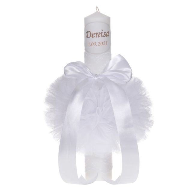 Lumanare botez personalizata cu decor alb diafan cu tul si dantela unisex Denikos® 728 NKO5157