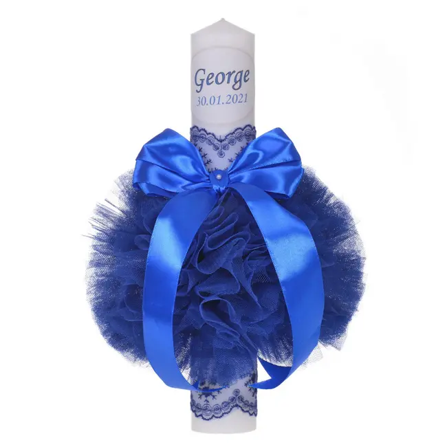 Lumanare botez personalizata cu nume baietel decor albastru cu tul si dantela Denikos&reg; 727 NKO5156