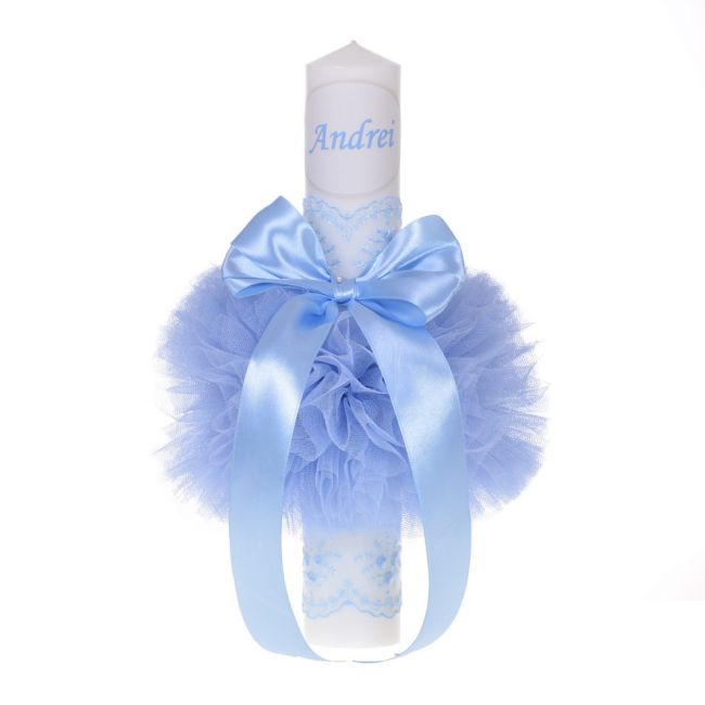 Lumanare de botez Baiat personalizata cu decor bleu cu tul si dantela Denikos® 726 NKO5155