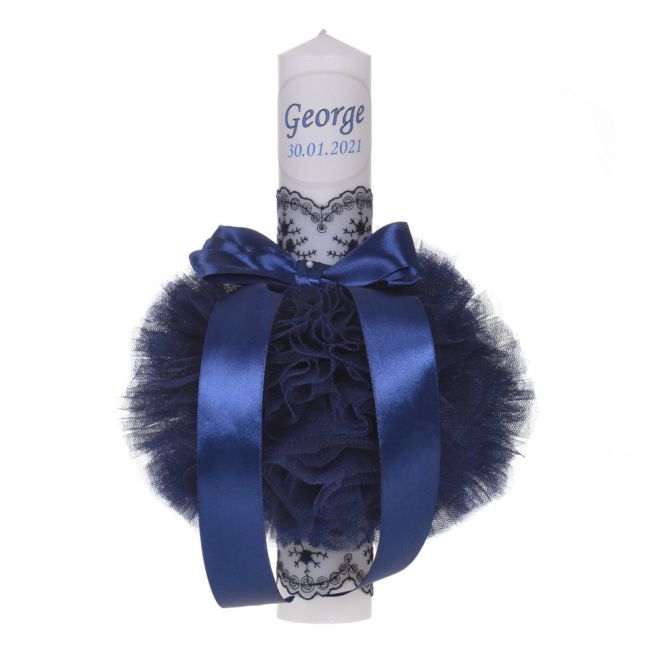 Lumanare botez personalizata cu nume baiat decor bleumarin cu tul si dantela Denikos® 725 NKO5154