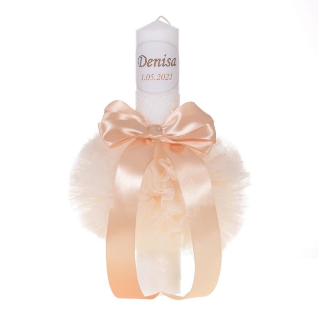 Lumanare botez personalizata Unisex decor crem / ivoire cu tul si dantela Denikos® 724 NKO5153