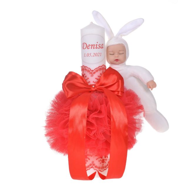 Lumanare botez personalizata decor rosu cu tul si dantela si o jucarie iepuras pentru fata Denikos® 733 NKO5162