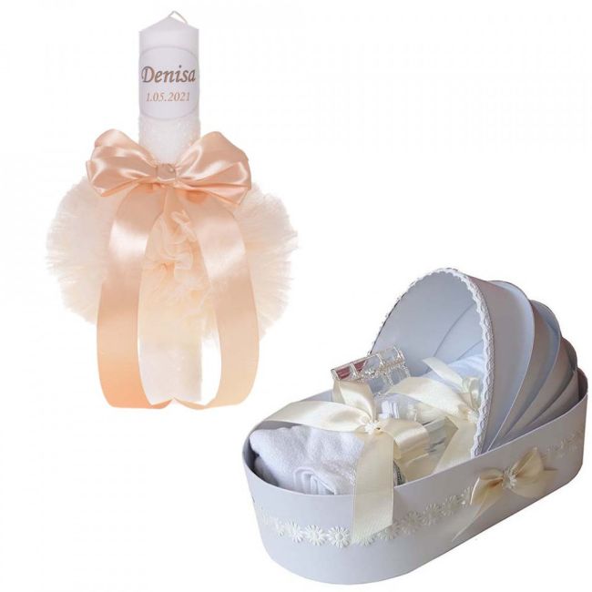Set Lumanare personalizata si Trusou botez Unisex in cutie landou Denikos 775 decor Ivoire cu floricele - NKO5204
