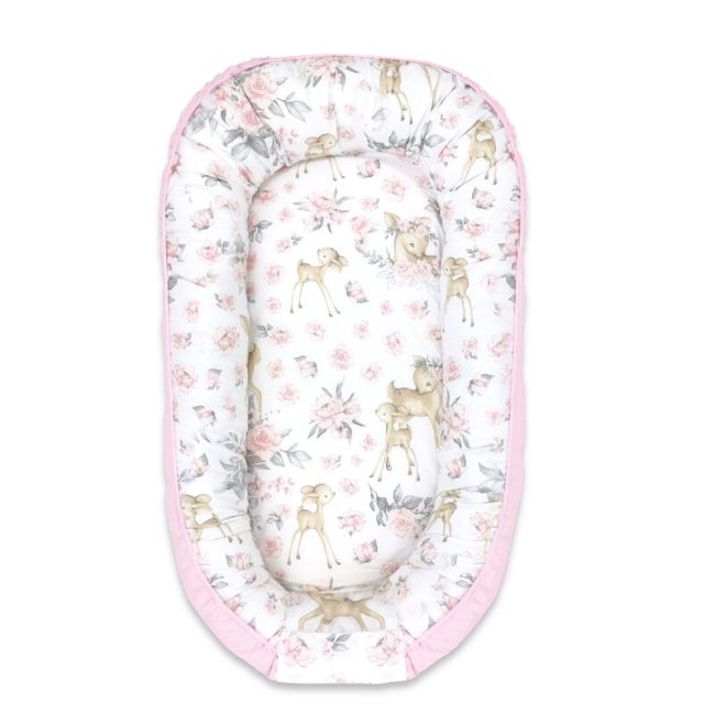 MimiNu - Cosulet bebelus pentru dormit, Baby Nest 105x66 cm, Velvet Sweet Deer Pink BYN6426972005814