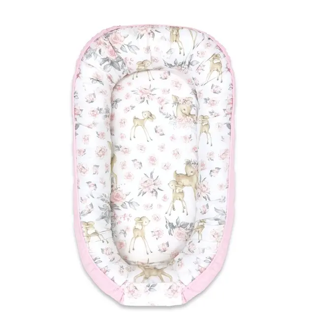 MimiNu - Cosulet bebelus pentru dormit, Baby Nest 105x66 cm, Velvet Sweet Deer Pink BYN6426972005814