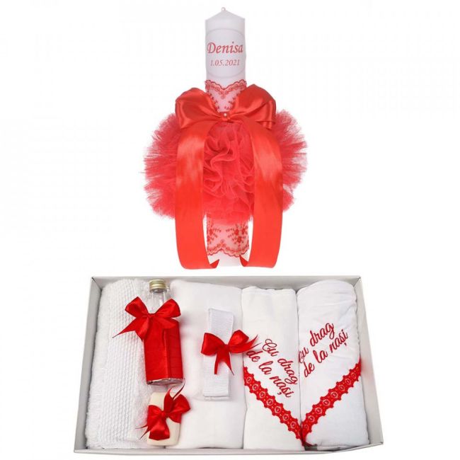 Pachet Trusou botez cu mesaj si lumanare botez personalizata pentru Fete Denikos 789 cu decor rosu - NKO5218