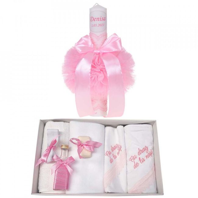 Trusou de botez cu mesaj plus lumanare botez personalizata pentru Fetite decor roz Denikos 788 - NKO5217
