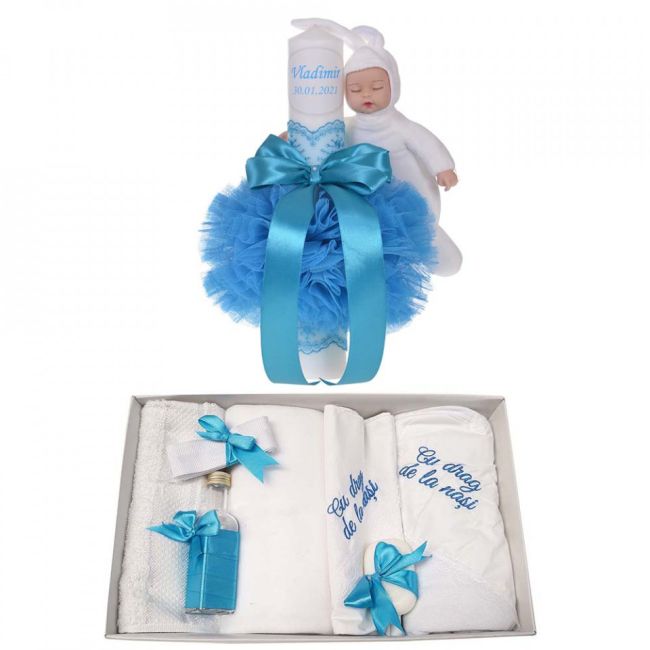 Set Trusou de botez cu mesaj si lumanare botez personalizata cu decor turcoaz Baieti Denikos® 795 NKO5224