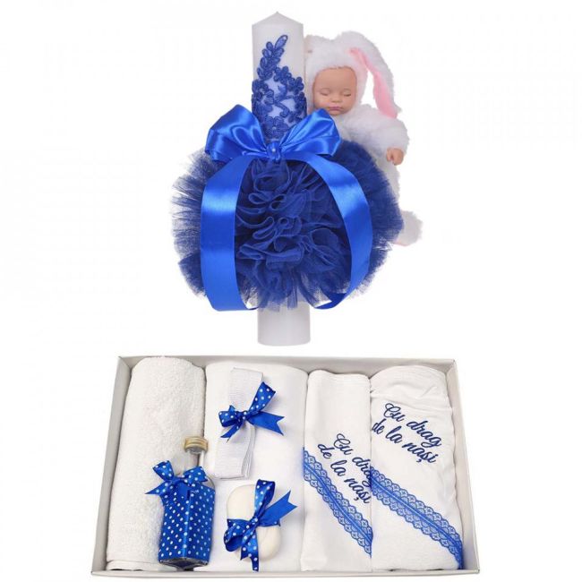 Trusou botez cu mesaj si lumanare eleganta cu dantela si iepuras Baietel, decor albastru Denikos® 758 NKO5187