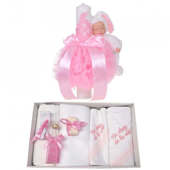 Pachet trusou botez cu mesaj si lumanare cu iepuras si decor roz Fetite Denikos® 762 NKO5191