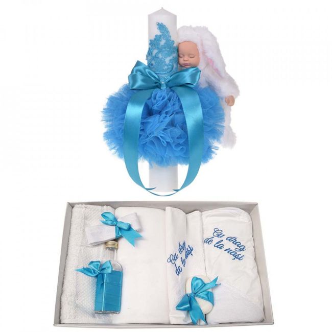 Set Trusou botez cu mesaj si lumanare cu dantela si iepuras decor Denikos® 763 turcoaz pentru Baieti - NKO5192