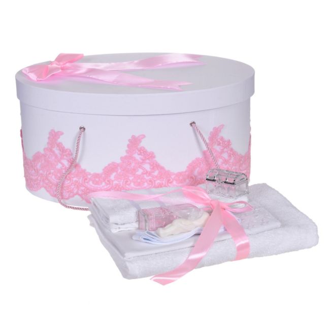 Set trusou botez si cutie trusou cu dantela si fundita Roz pentru Fete Denikos® 852 NKO5281