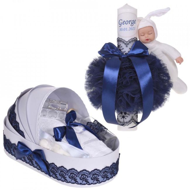 Lumanare botez cu iepuras personalizata si trusou botez in landou pentru baieti decor dantela Bleumarin, Denikos® 873 NKO5302