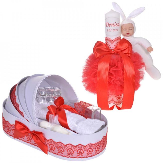 Lumanare botez cu iepuras personalizata si trusou botez in landou Fata decor dantela Rosie Denikos® 874 NKO5303
