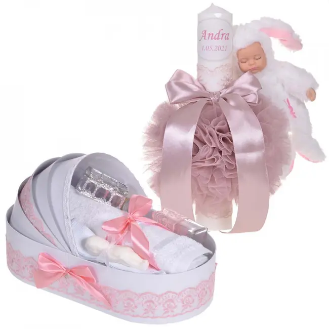 Set Lumanare botez cu iepuras personalizata si trusou botez in landou Fetite decor dantela Roz pudra Denikos&reg; 875 NKO5304