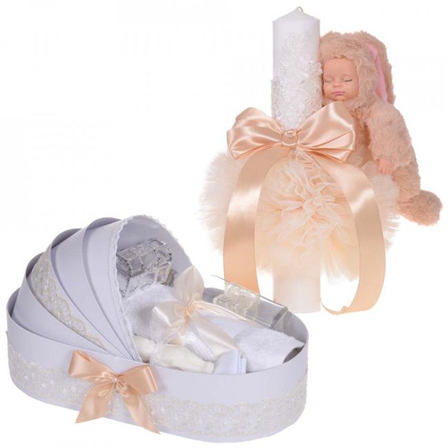 Pachet trusou botez in landou Unisex si Lumanare botez cu iepuras si dantela Crem Denikos® 860 NKO5289