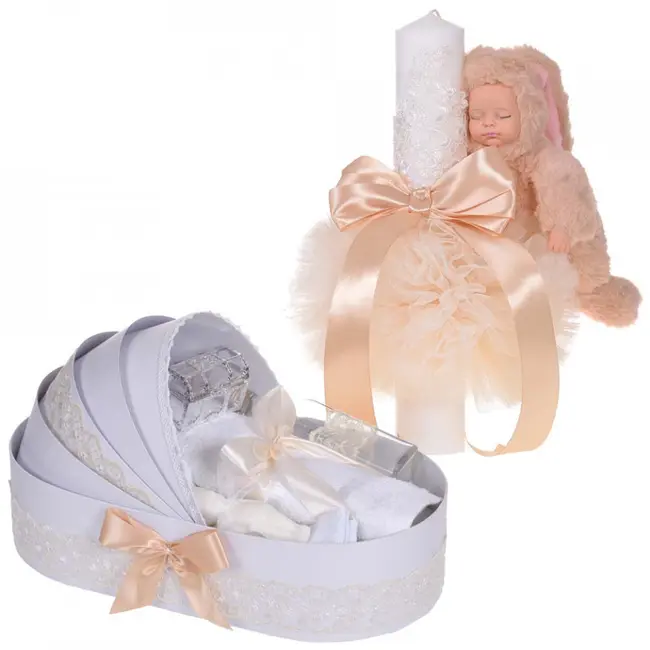 Pachet trusou botez in landou Unisex si Lumanare botez cu iepuras si dantela Crem Denikos&reg; 860 NKO5289