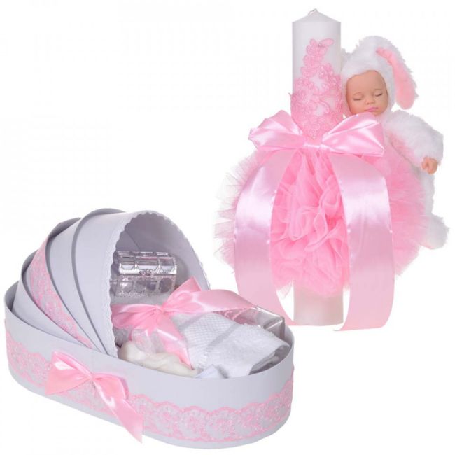 Set botez cu Lumanare si Trusou botez in landou cu dantela Roz Fetite Denikos® 854 - NKO5283