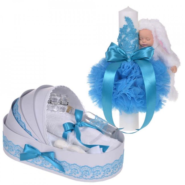 Pachet cu Lumanare si trusou botez in landou cu decor dantela Turcoaz Baietel Denikos® 861 NKO5290