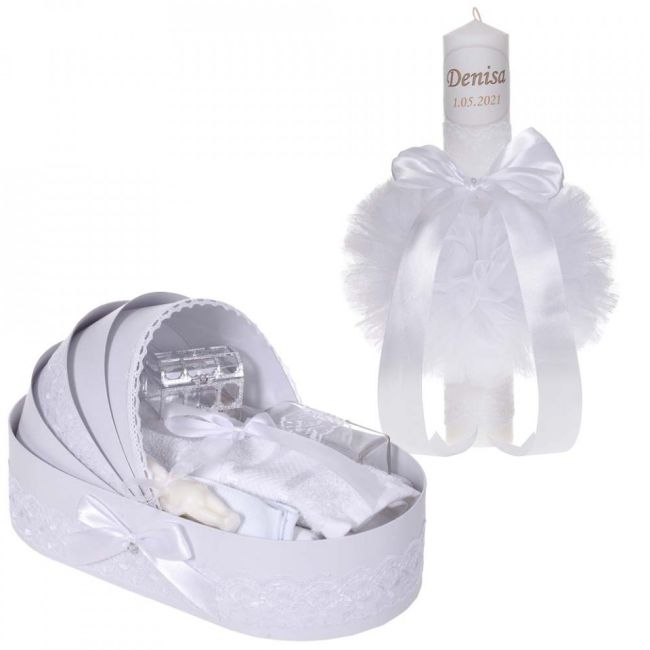 Lumanare botez personalizata plus trusou botez in landou Unisex cu decor dantela Alba Denikos® 871- NKO5300