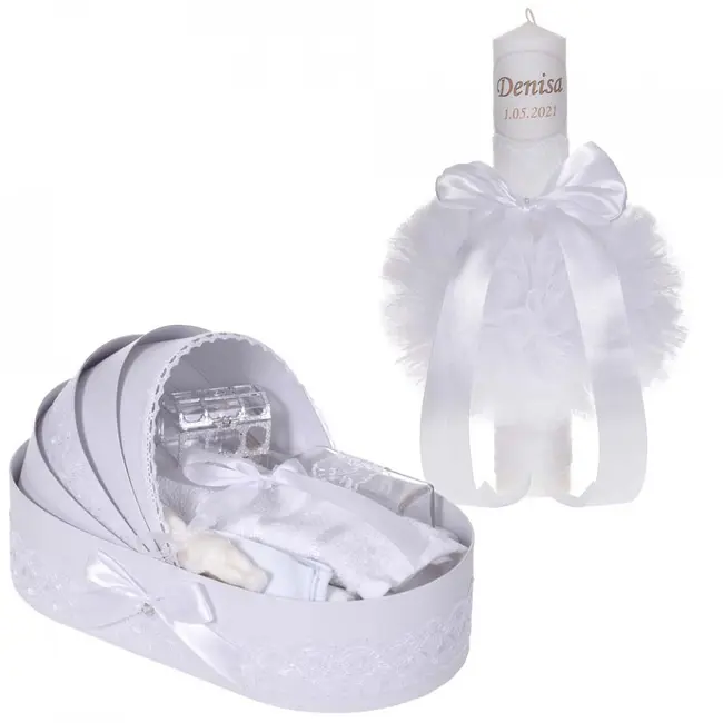 Lumanare botez personalizata plus trusou botez in landou Unisex cu decor dantela Alba Denikos&reg; 871- NKO5300