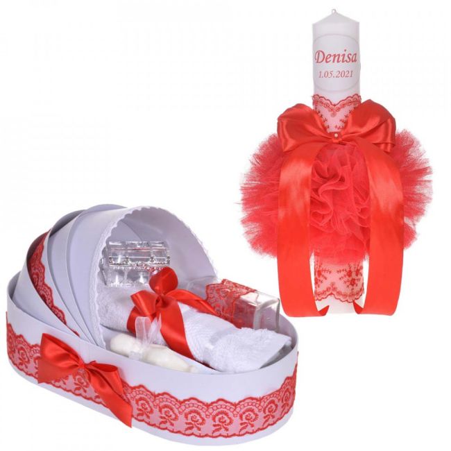 Set Lumanare botez personalizata Fetite si trusou botez in landou cu dantela Rosie Denikos® 865 NKO5294