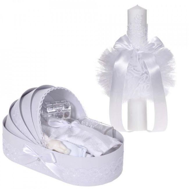 Pachet Botez cu lumanare si trusou botez in landou Unisex cu decor dantela Alba Denikos® 889 NKO5318